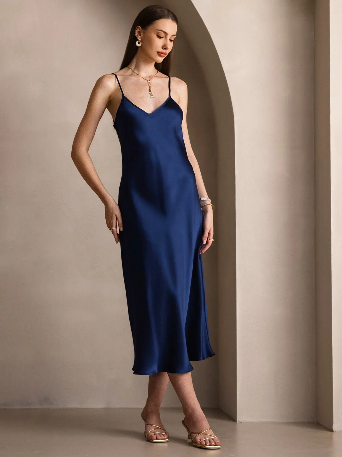 Pure Silk Solid Color Spaghetti Strap Long Dress