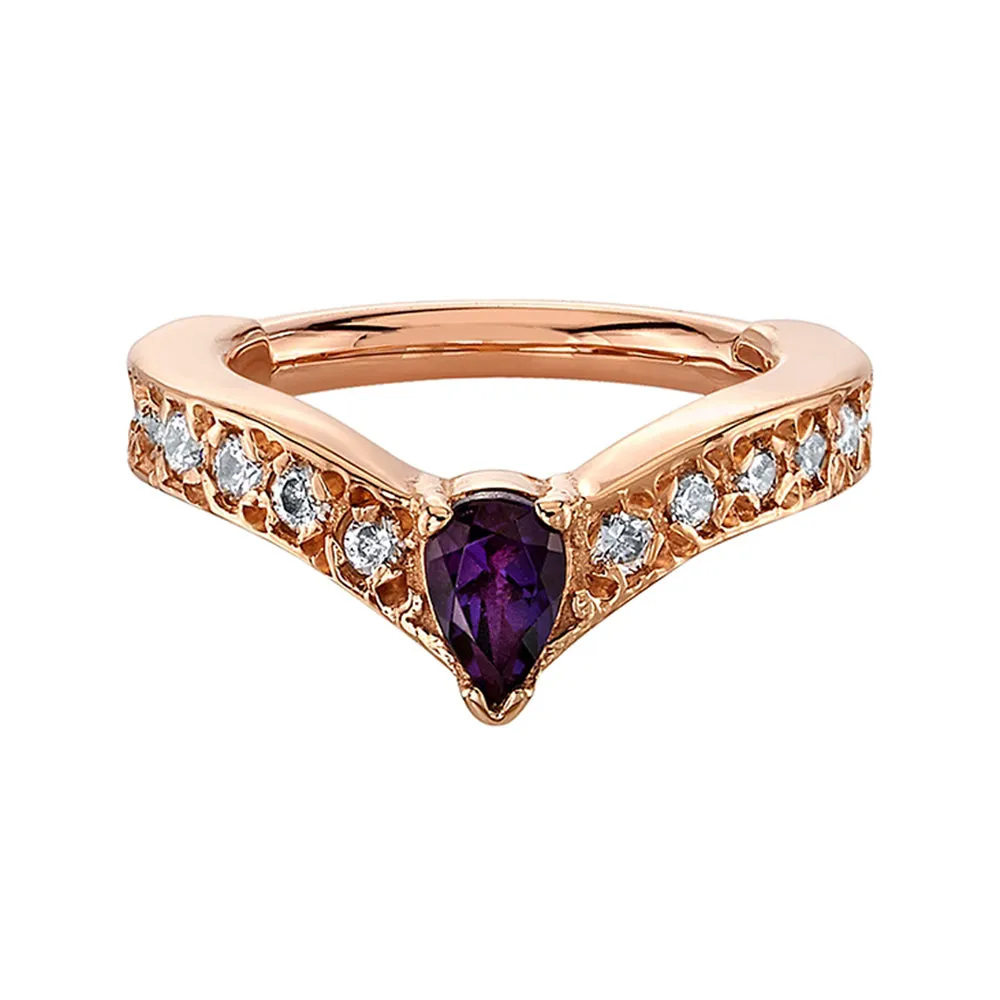 "Cherish Pear" Hinge Ring in Gold with Diamond & Amethyst