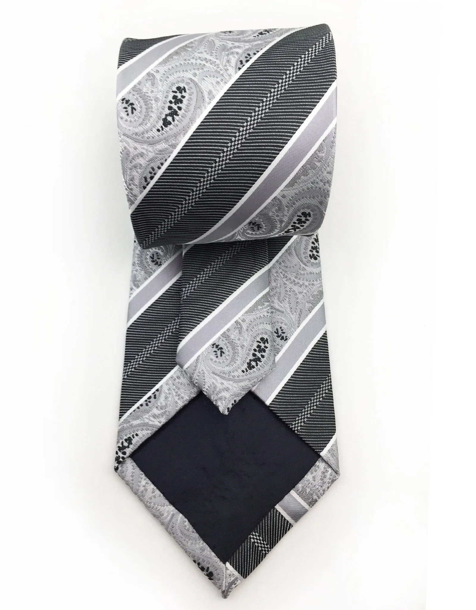 Silver Paisley Tie with Silver & Charcoal Stripes