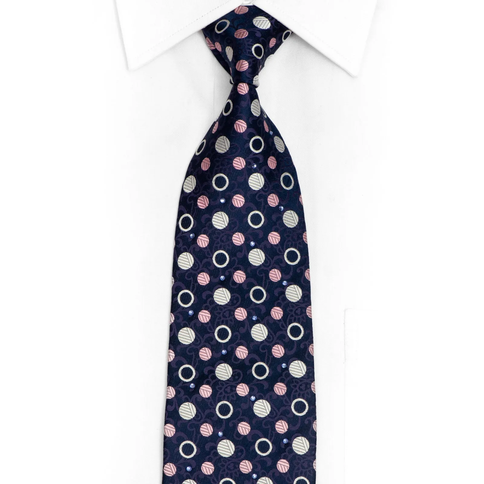 Silver Pink Polka Dots On Navy Rhinestone Silk Necktie