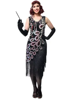 Sparkly Black Plus Size Womens 1920s Dress with Asymmetrical Fringe