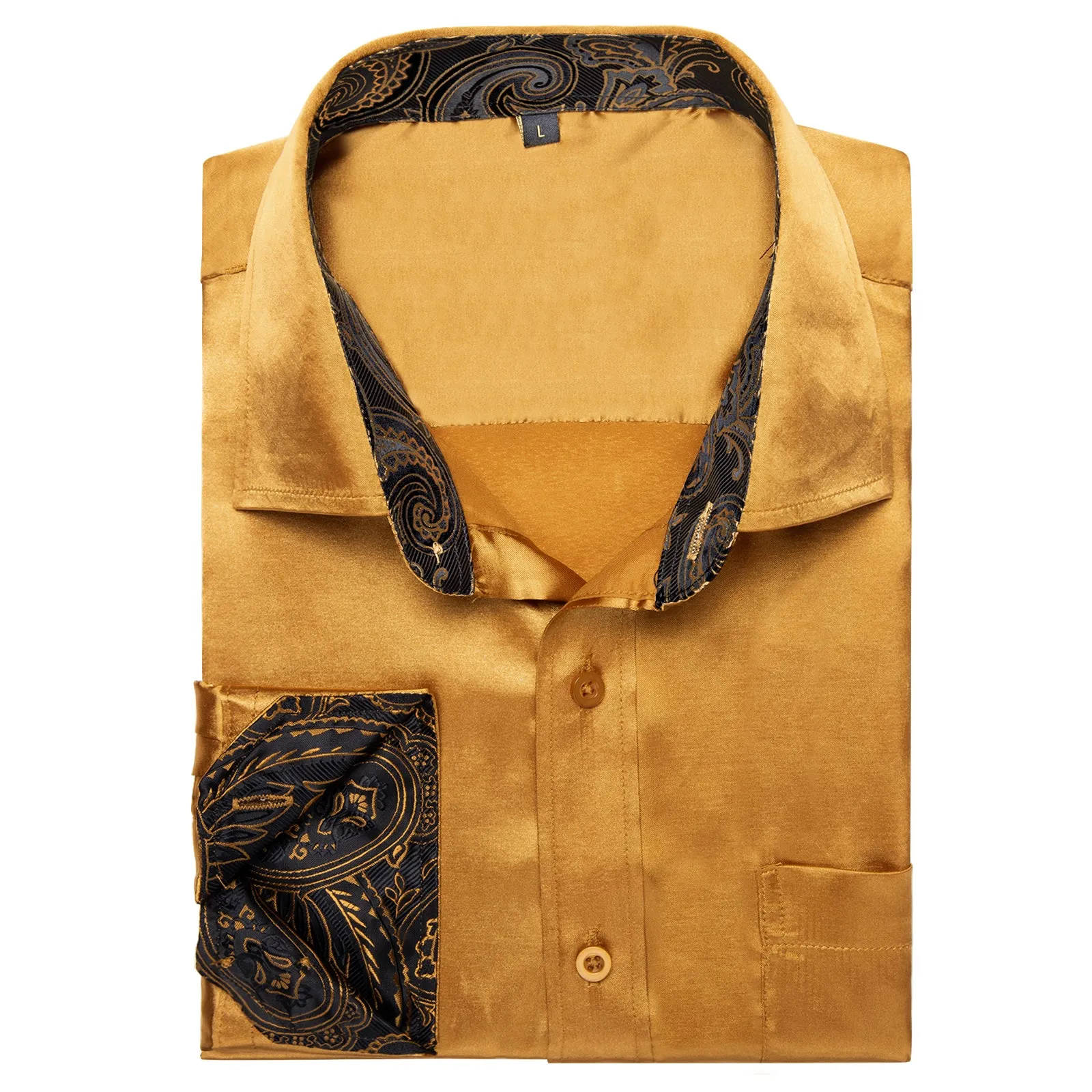 Splicing Style Golden with Black Paisley Edge Men's Solid Long Sleeve Shirt