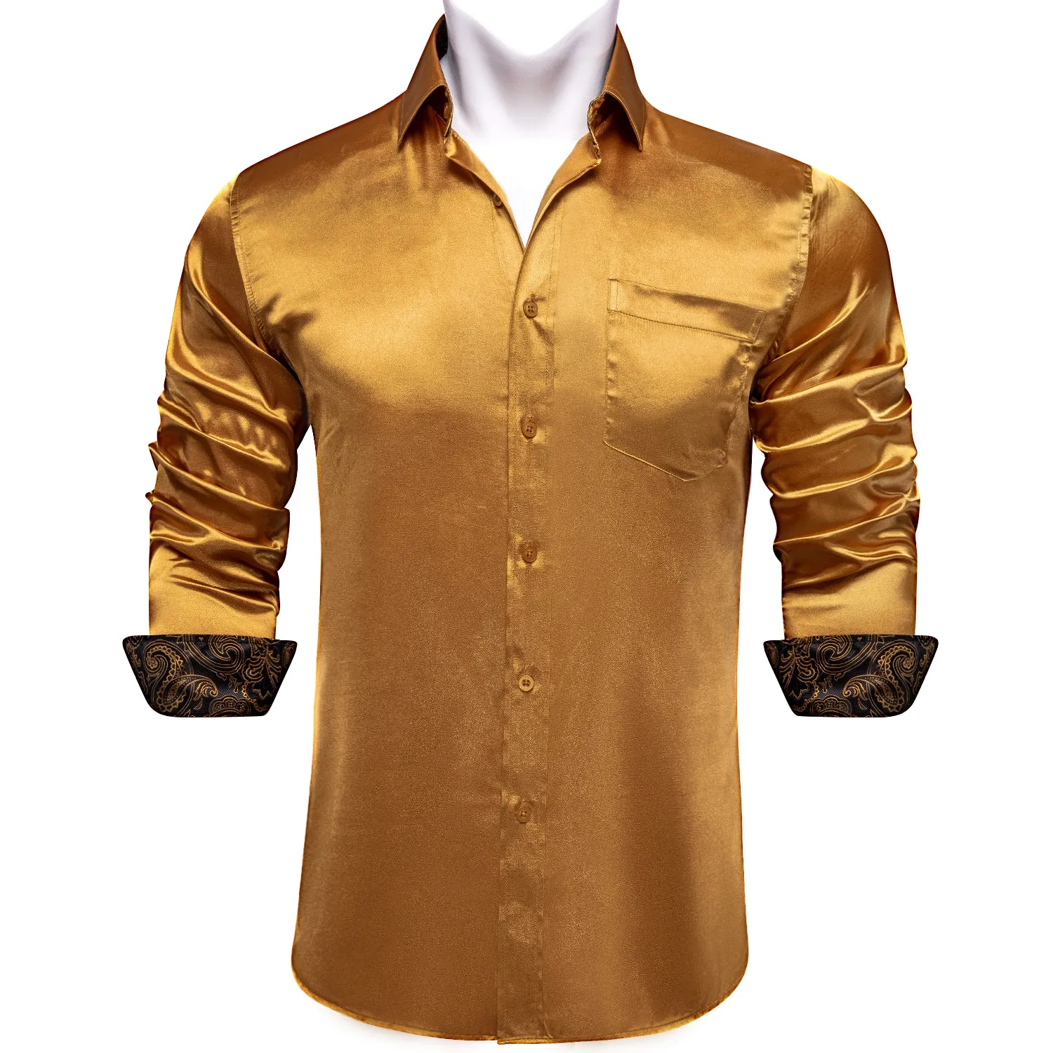 Splicing Style Golden with Black Paisley Edge Men's Solid Long Sleeve Shirt