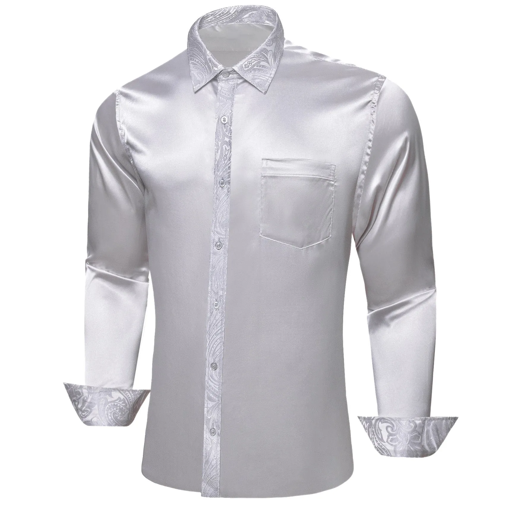 Splicing Style Sliver Grey Solid with White Paisley Edge Men's Long Sleeve Shirt