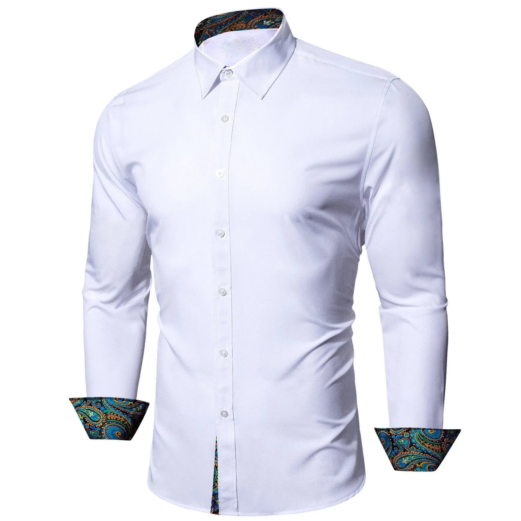 Splicing Style White with Blue Green Paisley Edge Men's Long Sleeve Shirt