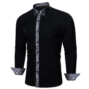 Splicing Style White with White Floral Edge Men's Long Sleeve Shirt