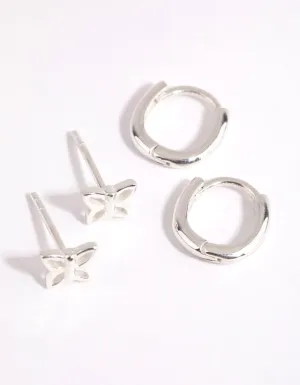 Sterling Silver Butterfly Stud & Huggie Earring Set