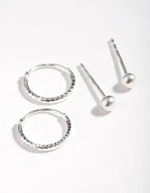 Sterling Silver Mini Textured Hoop Stud Earring Pack