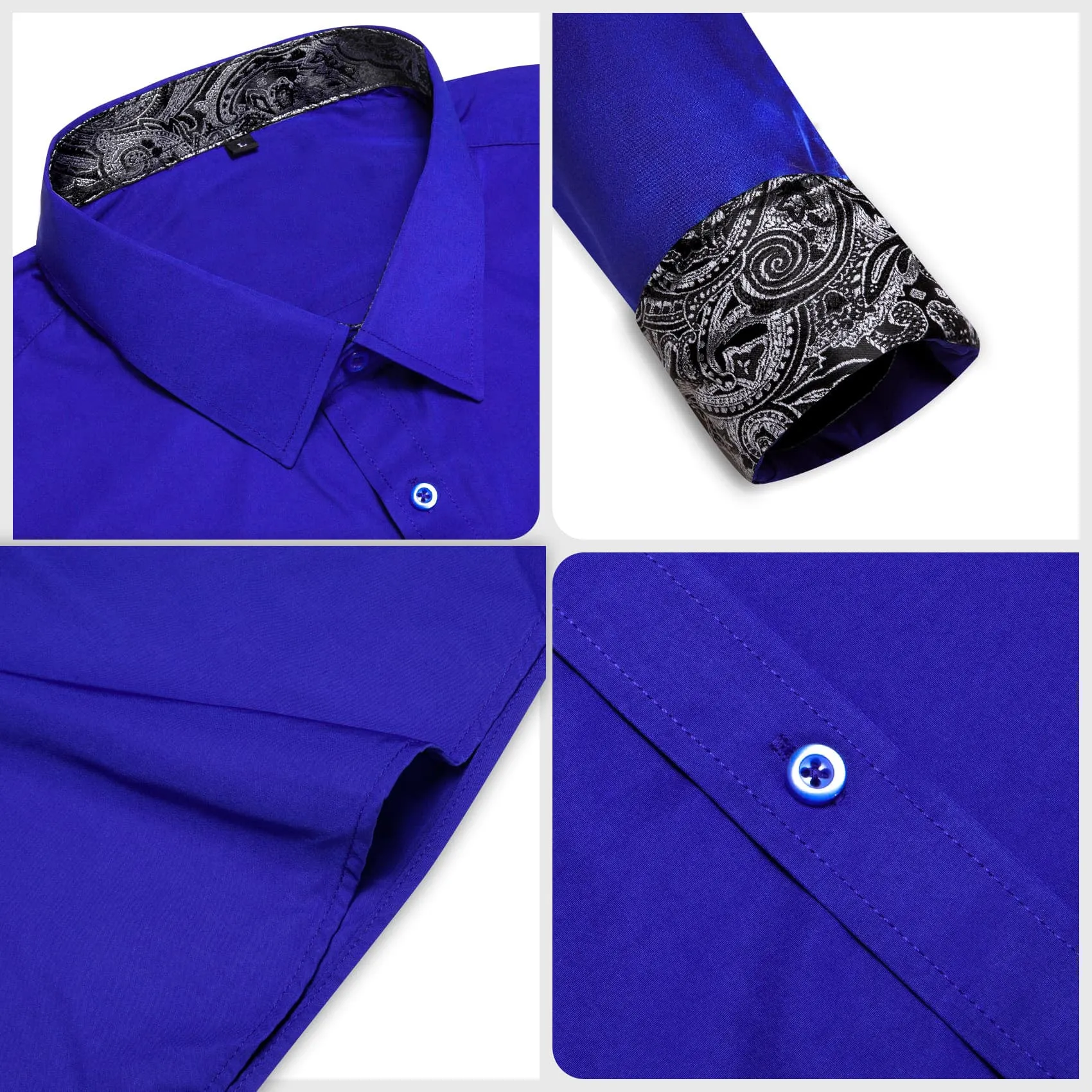 Ties2you Business Shirts Cobalt Blue Solid Splicing Grey Paisley Silk Mens Button Down Long Sleeve Shirt