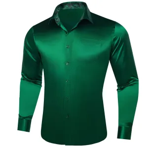 Ties2you Collared Shirt Dark Spring Green Satin Solid Long Sleeve Button Up Mens Shirt Design