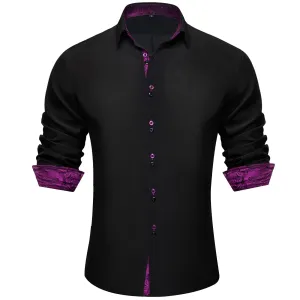 Ties2you Dress Shirt for Men Black Solid Purple Splicing Silk Long Sleeve Shirt