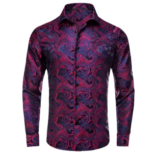 Ties2you Long Sleeve Shirt Navy Blue Red Jacquard Paisley Men's Shirt