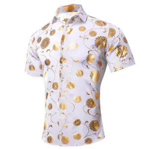 White Shirt with Golden Floral Silk Men's Short Sleeve Shirt