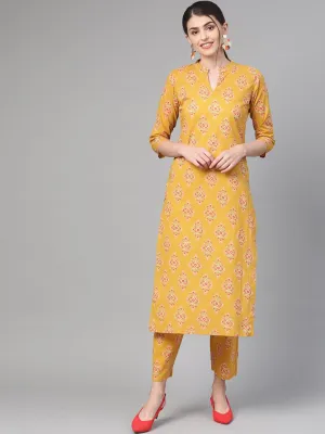 Women Mustard & Peach Straight Floral Printed Kurta And Trousers Set