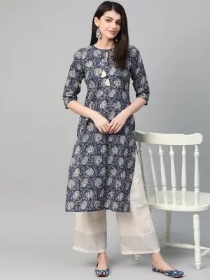 Women Navy Blue & Cream Cotton Straight Floral Printed Kurta